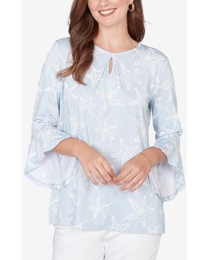 Ruby Rd. Plus Size Starfish Puff Print Flutter Sleeve Top - White
