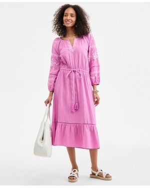 Style & Co. Cotton Gauze Embroidered Midi Dress - Pink