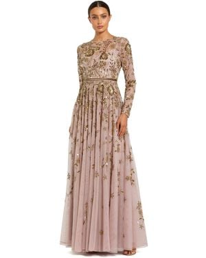Mac Duggal Long Sleeve Hand Embellished Floral A-Line Gown - Multicolor