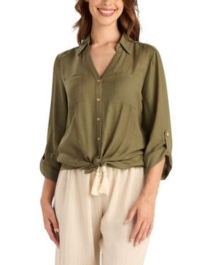 Bcx Texture Gauze Collared Button-front Top - Green