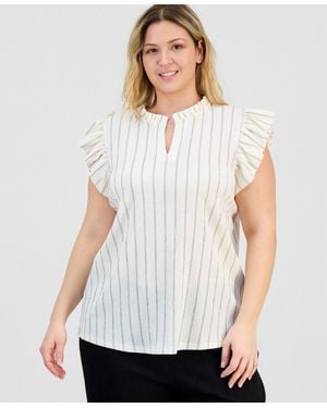 Anne Klein Plus Size Flutter-sleeve Split-neck Top - White
