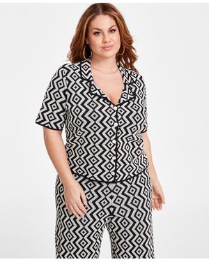 Nina Parker Plus Size Geo-print Notch-collar Jacquard Top - Black