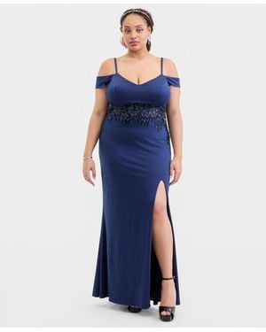 City Studios Trendy Plus Size Off-the-shoulder Embellished Gown - Blue