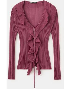 Mango Ruffled Detail Textured Knit Cardigan Sweater - Purple