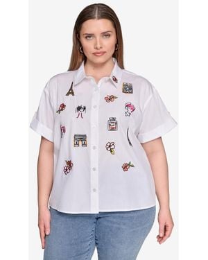 売れ筋商品|||カールラガーフェルド カットソー トップス レディース Plus Size Cotton Embroidered Camp Shirt White カールラガーフェルド レディース カットソー トップス Plus