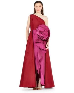 Amiri One Shoulder Dress With Cascading Ruffle Flower Detail - Red