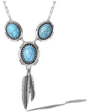 Jessica Simpson Feather Pendant Necklace In Antique Silver - Blue