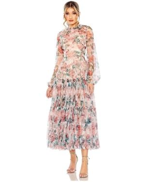 Mac Duggal Long Sleeve High Neck Long Balloon Sleeve Midi Dress - Pink