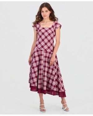 And Now This Petite Plaid Asymmetrical Short-sleeve Maxi Dress - Red