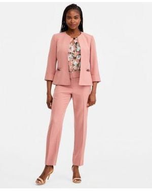 Kasper Cuffed 3 4 Sleeve Collarless Jacket Pleated Keyhole Neck Top Fly Front Slim Pants - Red