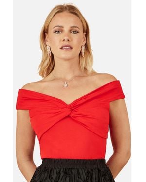 Yumi' Short Sleeve Knot Detail Bardot Top - Red