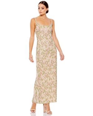 Mac Duggal Sleeveless Hand Beaded Floral Midi Dress - Natural
