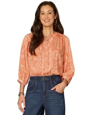 Democracy Petite Below-elbow Blouson-sleeve Stand Collar Top - Blue