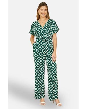 Yumi' Geometric Print Wrap Jumpsuit - Green