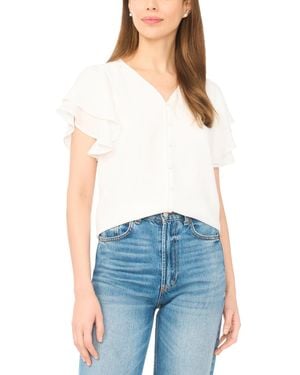 Cece V-neck Double Flutter Sleeves Top - Blue