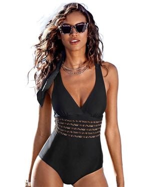 Lascana Leopard Cheetah Trim Tummy Control One Piece Swimsuit - Black