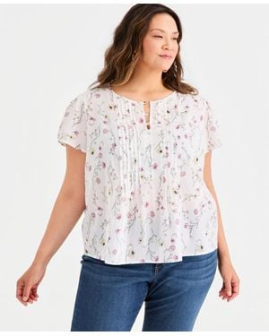 Style & Co. Plus Printed Cotton Pintuck Flutter-sleeve Top - White