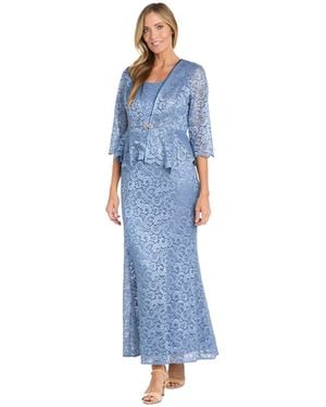 R & M Richards Glitter Lace Gown & Jacket - Blue