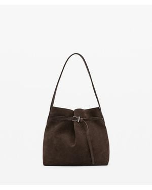 Mango Buckle Suede Bucket Bag - Brown