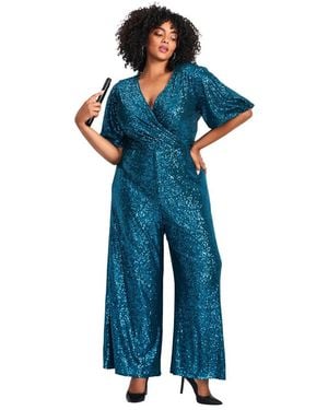 Avenue Plus Size Nada Sequin Puff Sleeve Jumpsuit - Blue