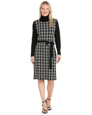 R & M Richards Shift Windowpane Long-sleeve Belted Turtleneck Sweater Dress - Black