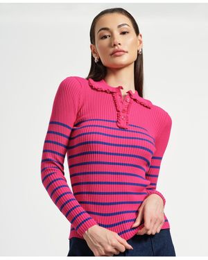 Isaac Mizrahi New York Ruffle Neck Henley Sweater - Pink