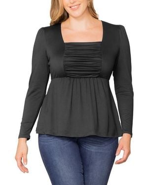 Kiyonna Plus Size Rylan Long Sleeve Square Neck Ruched Top - Black