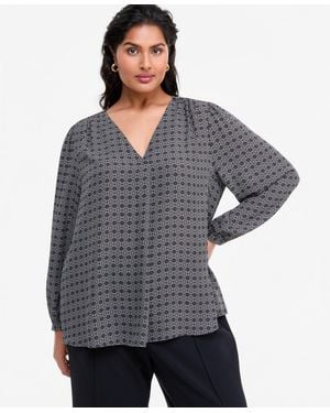 INC International Concepts Plus Size Long-sleeve V-neck Geometric Blouse - Gray