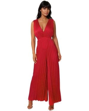 Bebe Bare Deep Vee Pleated Satin Jumpsuit - Red