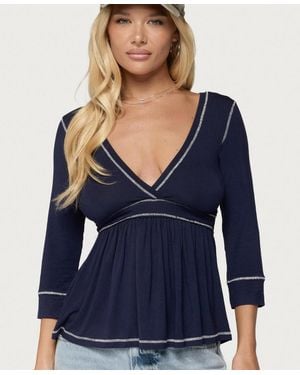 Edikted Parah Babydoll 3/4-sleeve V-neck Top - Blue
