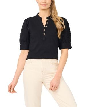 Cece Henley Puff-sleeve Cotton Top - Black