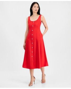 Anne Klein Petite Sleeveless Button Detail A-line Midi Dress - Red