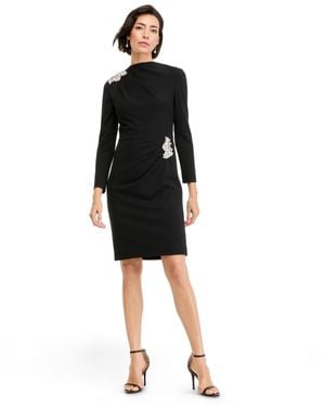 Anne Klein Draped Crystal Embellished Sheath Scuba Crepe Cocktail Dress - Black