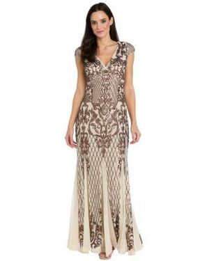 R & M Richards R M Richards Sequin V Neck Ball Gown - Metallic