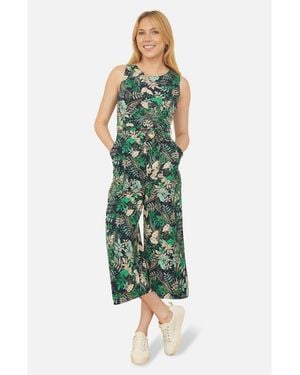 Yumi' Sleeveless Leaf Print Culotte Jumpsuit - Green