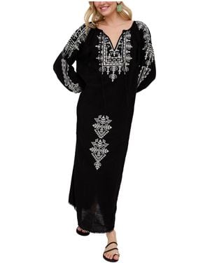 Raffya Aurelia Kaftan Style Embroidered Maxi Dress - Black