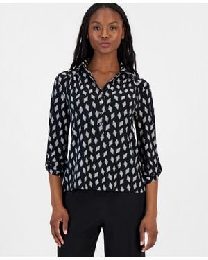 Anne Klein Essentials Petite Printed Collared 3/4-sleeve Top - Black
