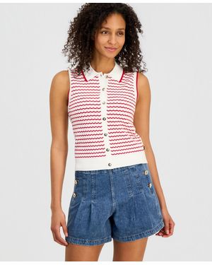 Nautica Striped Sleeveless Pointelle Polo Sweater - Blue