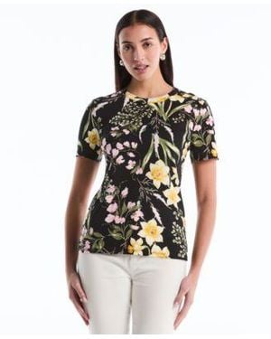 Rafaella Garden Print Button Detail Short Sleeve Top - Black