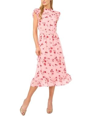 Cece Flutter-sleeve Smocked-waist Midi Dress - Pink