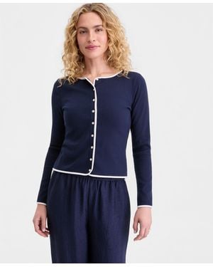 On 34th Contrast-trim Ribbed Cardigan Top - Blue
