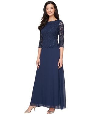 Alex Evenings Dress, Elbow-sleeve Sequined Lace Gown - Blue