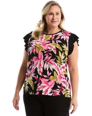 Rafaella Plus Size Tropical Print Ruffle Cap-sleeve Top - Pink