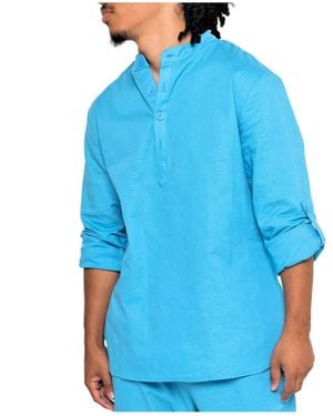 DAI MODA Barry Linen Nehru Collar Shirt - Blue