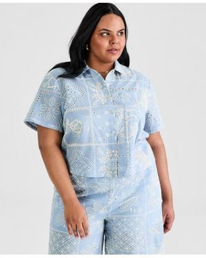And Now This Trendy Plus Size Embroidered Short-sleeve Shirt - Blue