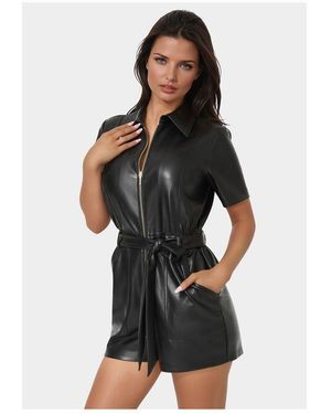 Bebe Faux Leather Zip Front Romper - Black