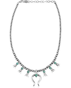 American West Jewelry Sterling Silver Green Turquoise Beaded Squash Blossom Necklace - Metallic