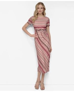 DKNY Mesh Striped Side-knot Boat-neck Midi Dress - Pink