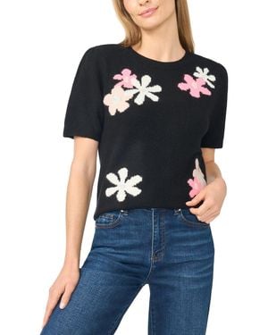 Cece Crewneck Flower Patterned Knit Short-sleeve Sweater - Black