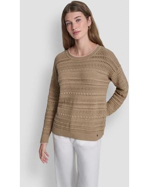 DKNY Crewneck Long-sleeve Tipped Pointelle Sweater - Brown